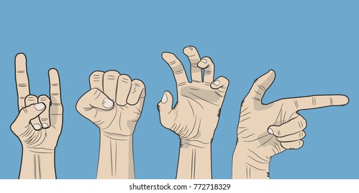 Human hands set. Rock n roll sign. Fist power. Hand with pointing finger. Sketch , cartoon style