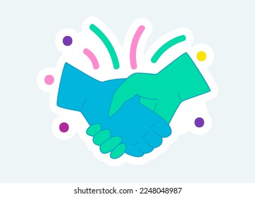 Human hands shake, gesture of agreement and business cooperation. Vector illustration in cartoon sticker design