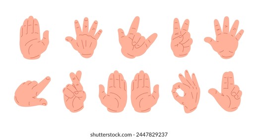 Human hands showing different pointing waving gesture big set icon vector flat illustration. Male arm open palm greeting rock heavy metal peace pointer hi hello crossed finger praying blessing ok okay