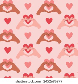 Human hands showing heart regular seamless pattern. Red and pink hearts on pink background. Doodle style. Colored flat graphic vector illustration.