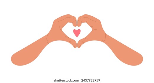 Manos humanas mostrando signos del corazón. Dos manos haciendo signo de corazón aislado sobre fondo blanco, ilustración vectorial estilo plano. Designación de amor, amistad, buena relación. Dos manos en forma de corazón