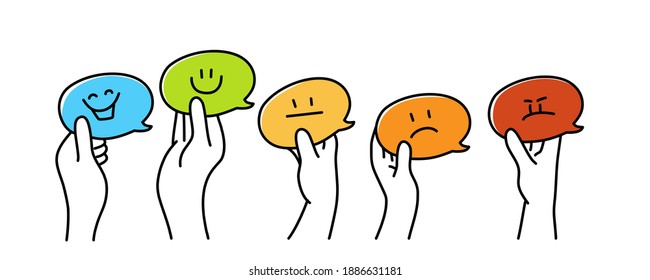 Human hands showing icons with different emotions. Hand drawn vector illustration.