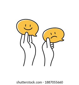 Human hands showing rating with happy, unhappy icons. Hand drawn vector illustration.