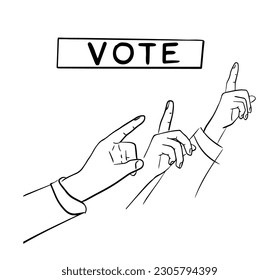 Human hands showing their right to vote. Vector hand drawn sketched art isolated on white background.
