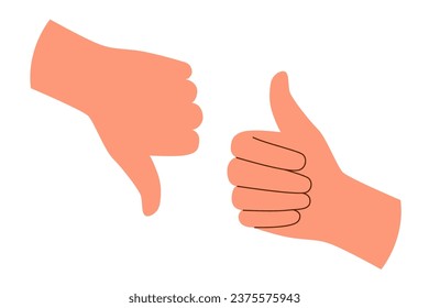 Human hands showing thumbs up and down on white background