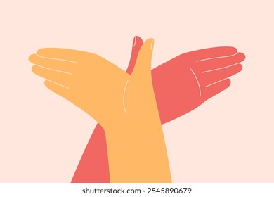 Mãos humanas mostrando asas por gesto. Conceito pacífico e de esperança. Flying Bird Shape por arms.Vetor ilustração 