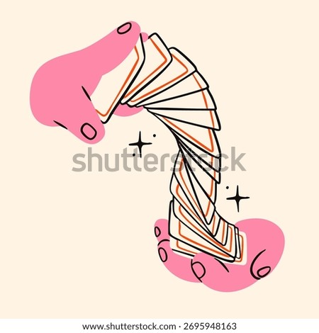 Human hands shuffling playing cards. Hand drawn trendy Vector illustration. Tournament, casino, poker, gambling, game, croupier, entertainment concept. Isolated design element