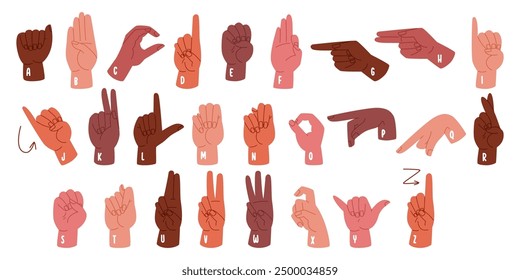 Human hands sign language with different english alphabet letters for studying and learning. People arms demonstrating symbols for communication with person having deafness vector illustration