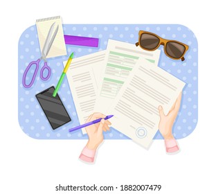 Human Hands Signing Document at Desk with Notepad and Smartphone Rested on It Vector Illustration