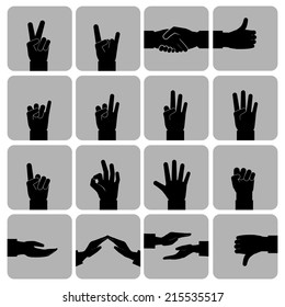 Human hands signs signals and gestures icons set black isolated vector illustration