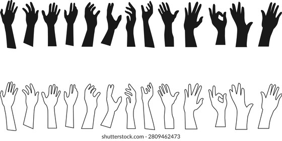 Human hands silhouettes and outlines vector icons set showing various gestures and upraised arms