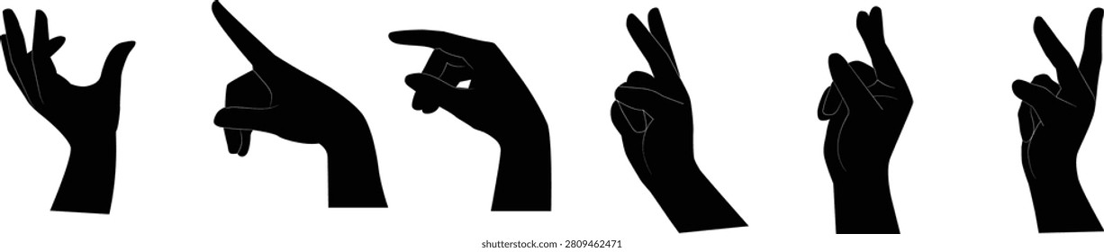 Human hands silhouettes vector icons set showing various gestures and upraised arms
