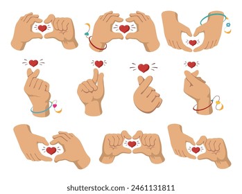 Human hands with small red heart in different pose love gesture set isometric vector illustration. Romantic body language communication enamored amour passion gesturing Saint Valentine's Day symbol