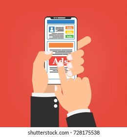 Human Hands With Smartphone Mobile With Social Media Advertising Website. Vector Illustration Social Ads Digital Marketing Concept.