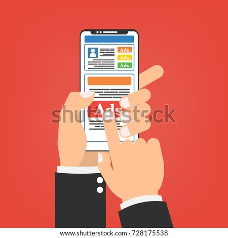 Human hands with smartphone mobile with social media advertising website. Vector illustration social ads digital marketing concept.