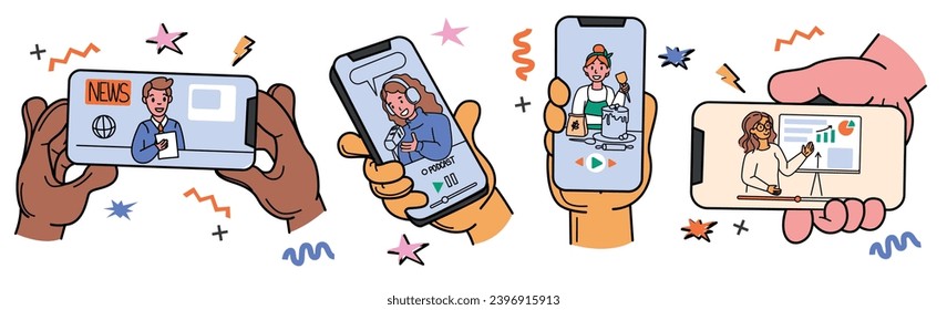 Menschliche Hände mit Smartphone auf weißem Hintergrund. Leute, die Telefon halten und Video online sehen, Nachrichten, Live-Streaming, Talkshow, Kurse, Training. Digitaler Flachbildschirm, mobile App