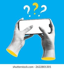 Human hands with a smartphone and question marks. Trendy collage banner with hand holding mobile phones. Modern art with halftone effects. Vector pop art illustration
