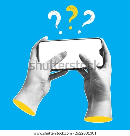 Human hands with a smartphone and question marks. Trendy collage banner with hand holding mobile phones. Modern art with halftone effects. Vector pop art illustration