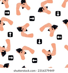 Human hands with a smartphone seamless pattern. Beige palms with white lines and a black telephone. Elements are arranged chaotically on a white .Vector texture for printing on fabric and paper.