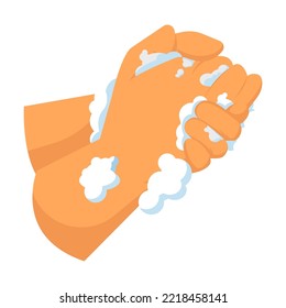 Human hands in soap foam. Person washing hands, protecting from microbes and infection, using antibacterial gel or sanitizer. Vector illustration for handwashing, hygiene