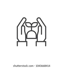 Human hands with soil and sprout outline icon. linear style sign for mobile concept and web design. Young plant with ground in hands simple line vector icon. Symbol, logo illustration