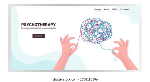 human hands solving problem in tangled brain psychotherapy session treatment of stress addictions and mental problems concept horizontal copy space vector illustration