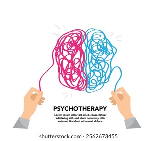 Human hands solving problem in tangled brain psychotherapy session treatment of stress stock illustration