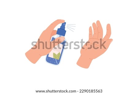 Human hands spraying antiseptic from blue plastic bottle flat style, vector illustration isolated on white background. Healthcare and medical, hygiene, design element
