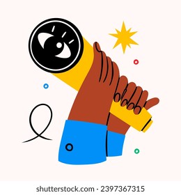 Human hands with spyglass telescope. Big eye on lens. Searching, finding, web surfing, looking for opportunities concept. Hand drawn Vector illustration. Isolated design element. Logo, icon template