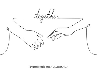 human hands stretched out to each other with the inscription "Together" - one line drawing vector. the concept of association, union