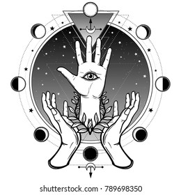 Human hands support a divine palm with an all-seeing eye. Sacred geometry. Alchemy, magic, esoteric, occultism. Vector illustration isolated on a white background. Print, poster, t-shirt, card.