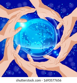 Human hands surrounding the planet Earth globe. Unity, world peace, humanity concept. Global catastrophe  Vector illustration