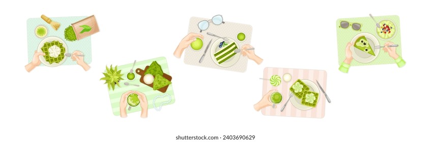 Human Hands and Sweet Green Desserts on Place Mat Vector Set