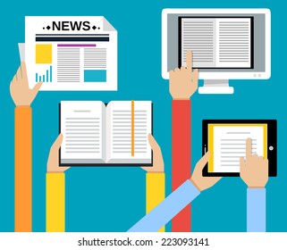 Human hands with tablet book newspaper computer monitor reading concept vector illustration.