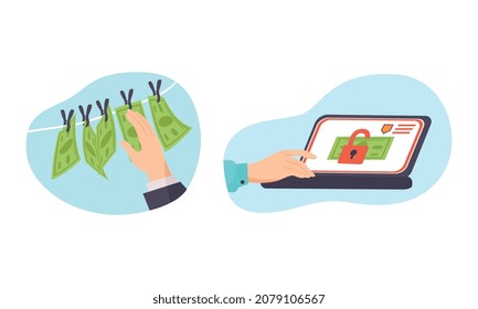 Human Hands Taking Dishonest Money from Hanging Rope and Through Network Vector Set