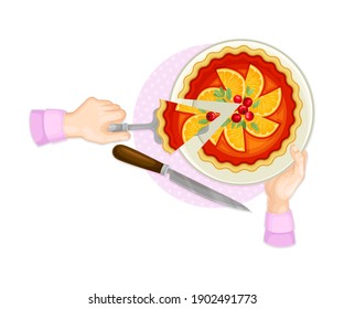 Human Hands Taking Piece of Pie Rested on Plate Above View Vector Illustration