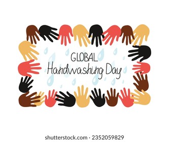 Human hands, tap water, pouring water. World handwashing day. Washing hands. Calligraphy text. Written by hand. Vector illustration.
