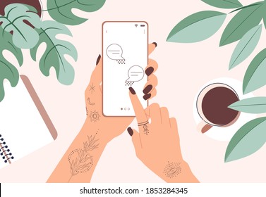Human hands with a tattoo hold smartphone while sitting in modern hipster cafe at the table. Vector illustration.