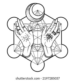 Human hands with tattoo holding moon. Astrology, witchcraft, book of spells. Hand drawn art in bohemian design, vector illustration isolated on white background.