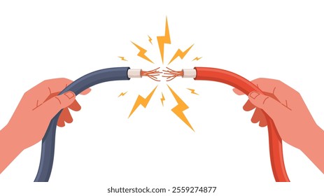 Human hands tearing electric wire. Cable damage, cartoon current sparks, dangerous situation, voltage connection broken power cord, repair service nowaday vector technology concept