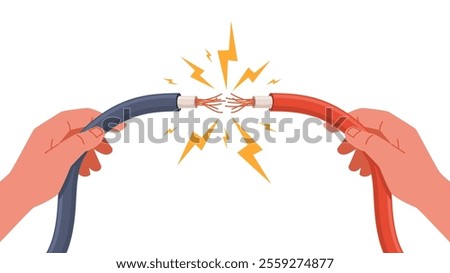 Human hands tearing electric wire. Cable damage, cartoon current sparks, dangerous situation, voltage connection broken power cord, repair service nowaday vector technology concept