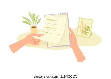 Human Hands Tearing Sheet of Paper from Notepad Vector Illustration
