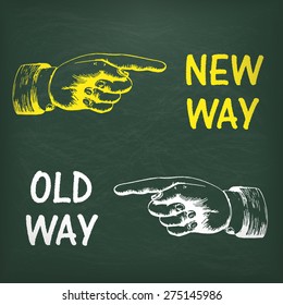 Human hands with text "new way" and "old way". Eps 10 vector file.