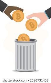 Human hands throw bitcoin in metal trash can. crypto currency market crisis. cryptocurrency depreciation. High volatility of crypto assets leads to bankruptcy. Business investors sells cryptocurrency.