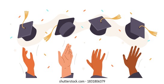 Manos humanas lanzando sombreros de graduación al aire. Estudiantes graduados celebran el fin de la escuela, universidad o universidad. Ilustración de vectores de dibujos planos.