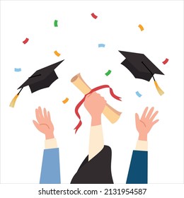 Human hands throwing graduation hats and holding diploma in the air with sprinkle confetti around. Graduate students celebrate end of the school, college or university. Flat Vector Illustration.