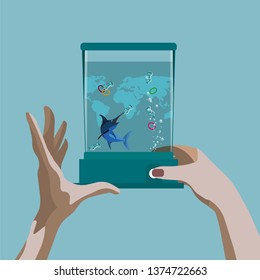 Human Hands throwing plastic trash in game with world map
