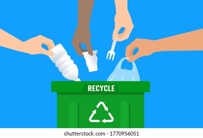 human hands throwing plastic waste in to recycle can	eco concept vector illustration
