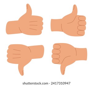 Human hands with thumb up and down sign. Like and dislike gesture. Vote or rating concept. Vector illustration in hand drawn style