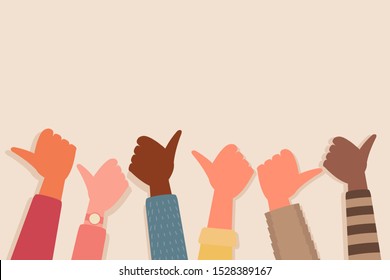Human hands thumb up for positive communication or good feedback concept. Flat cartoon vector illustration